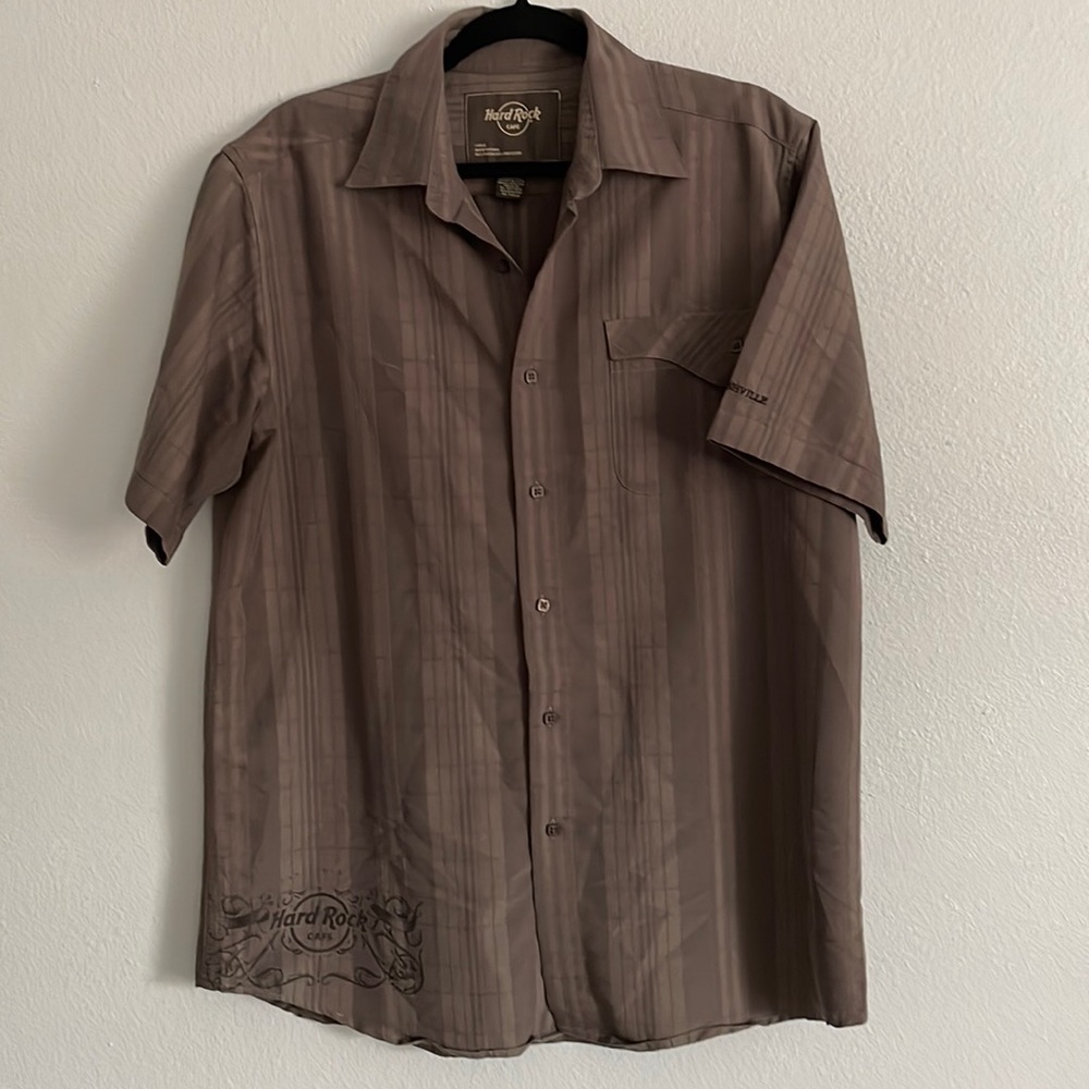 Hard Rock Cafe Nashville brown short sleeve button up shirt men Large patterned